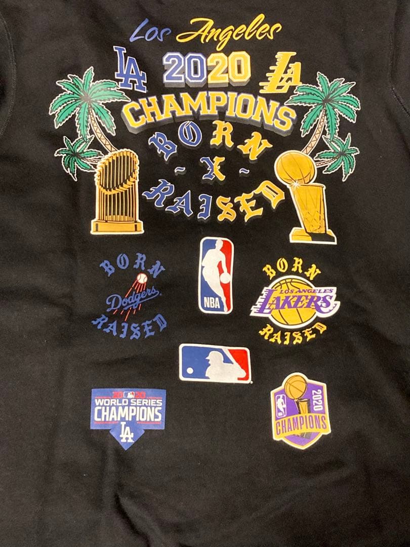 ボーンアンドレイズ×レイカーズ×ドジャース×ニューエラ フーディ ブラック Ｌ