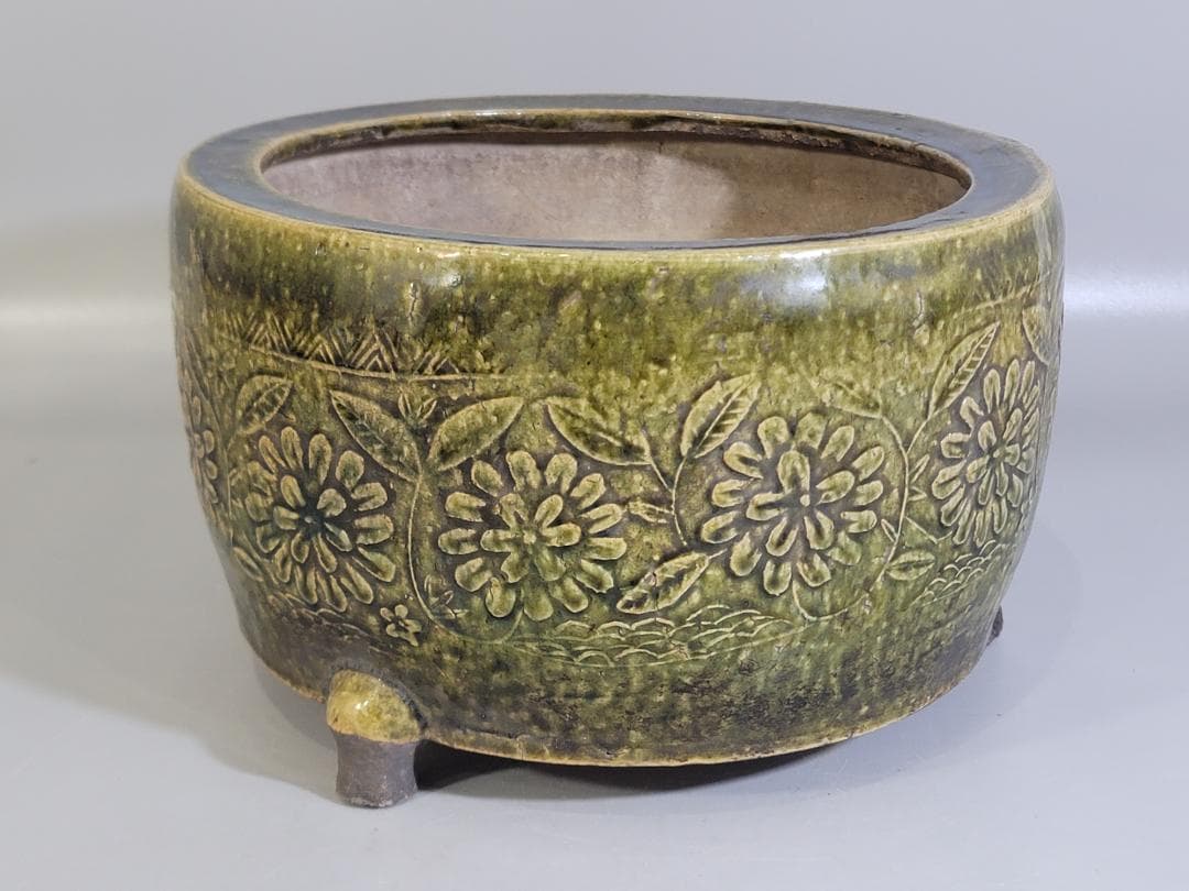 煎茶 織部釉 纏枝蓮花紋 瓶掛 時代物 古美術 DT247