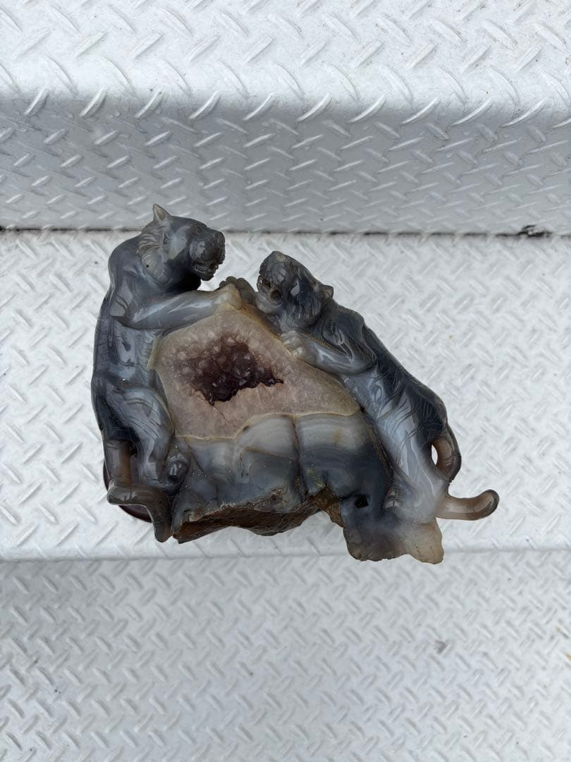 瑪瑙 双虎彫刻置物 希少 中国