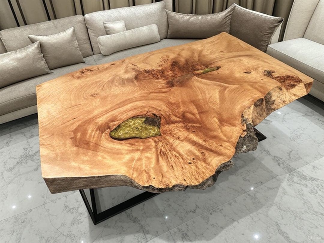 【送料無料】　樺　カバ　一枚板テーブル　レジン　縮み杢　玉杢　ローテーブル