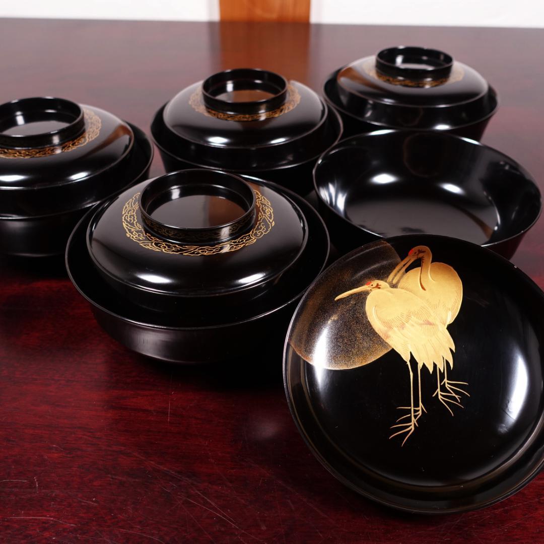 輪島塗 黒塗 見返月に双鶴蒔絵 椀 5客 天然木製漆器