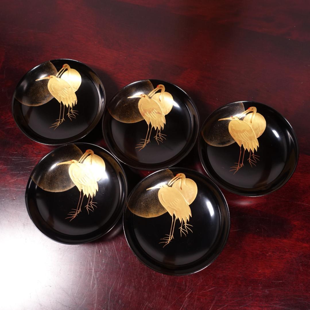 輪島塗 黒塗 見返月に双鶴蒔絵 椀 5客 天然木製漆器