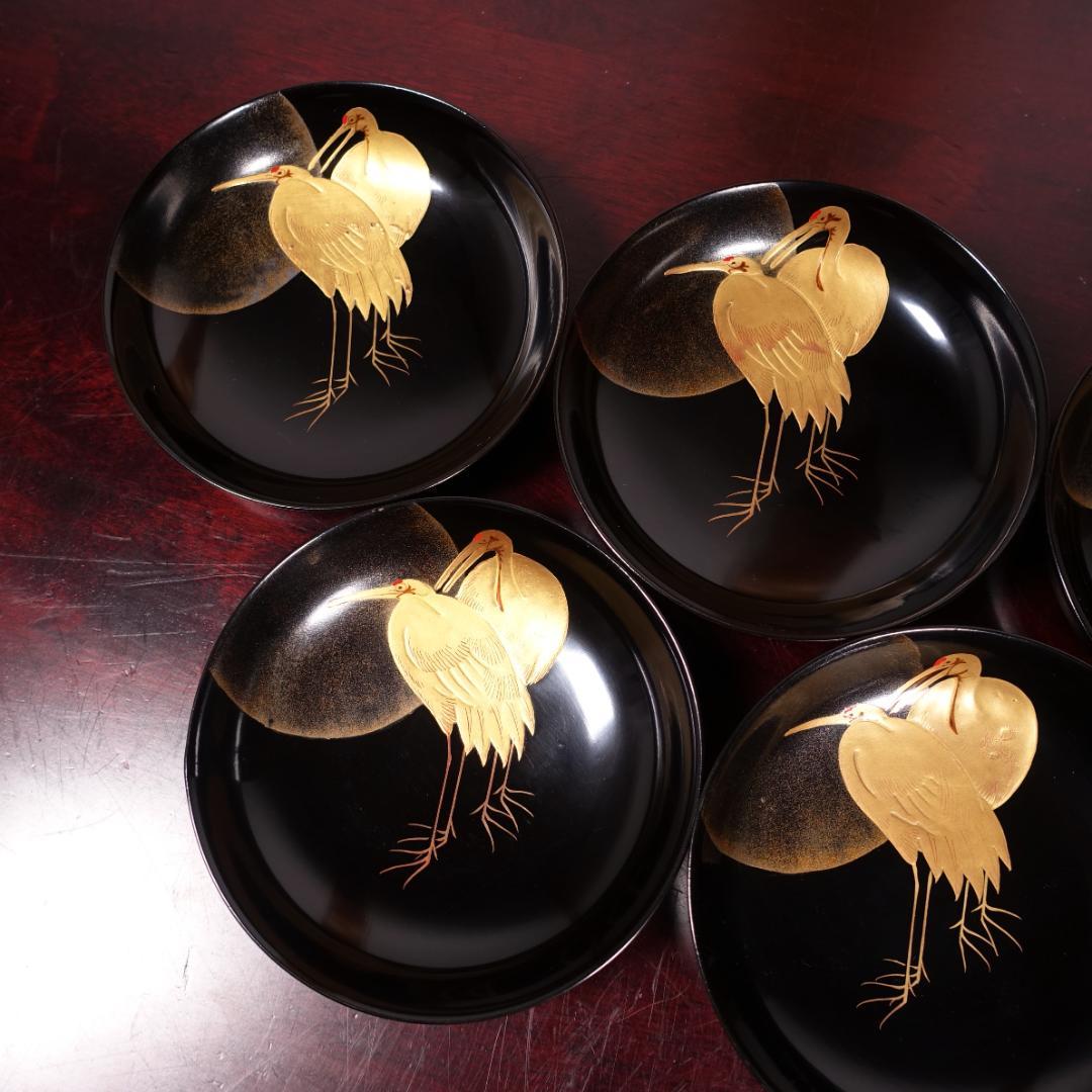 輪島塗 黒塗 見返月に双鶴蒔絵 椀 5客 天然木製漆器