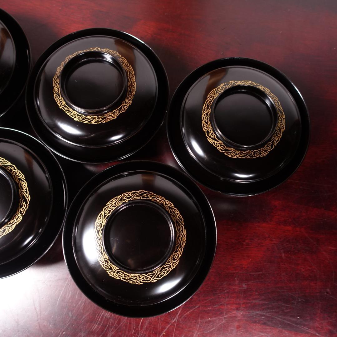 輪島塗 黒塗 見返月に双鶴蒔絵 椀 5客 天然木製漆器