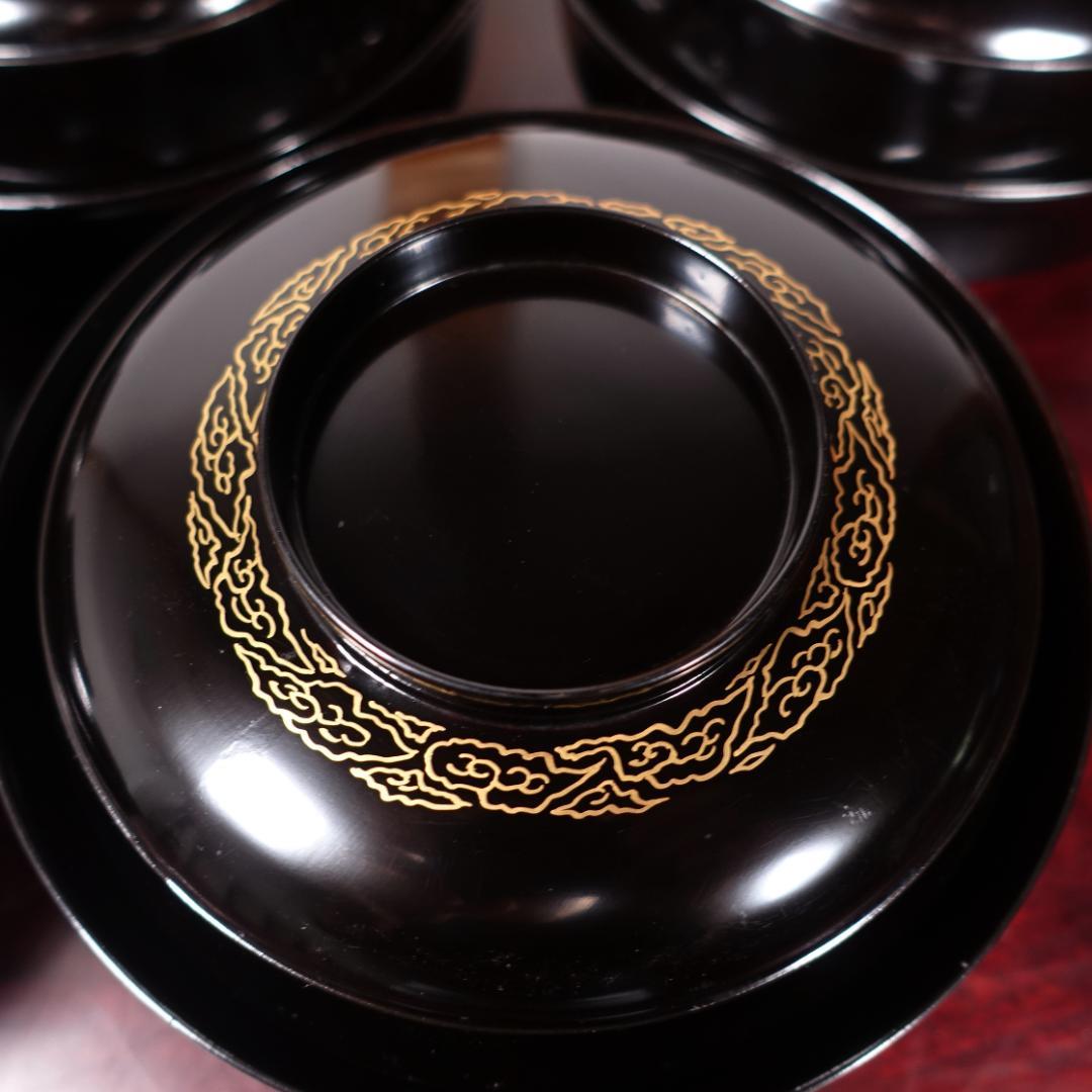 輪島塗 黒塗 見返月に双鶴蒔絵 椀 5客 天然木製漆器