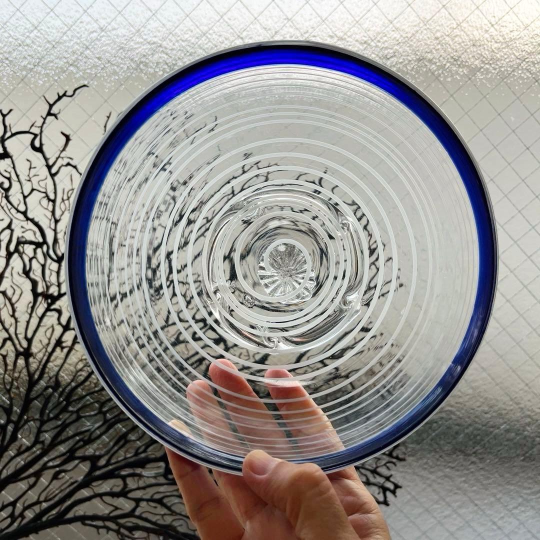 骨董　時代ガラス　瑠璃色フチ　希少　千段　糸巻き輪鉢　菓子器　氷コップ　ウラン②