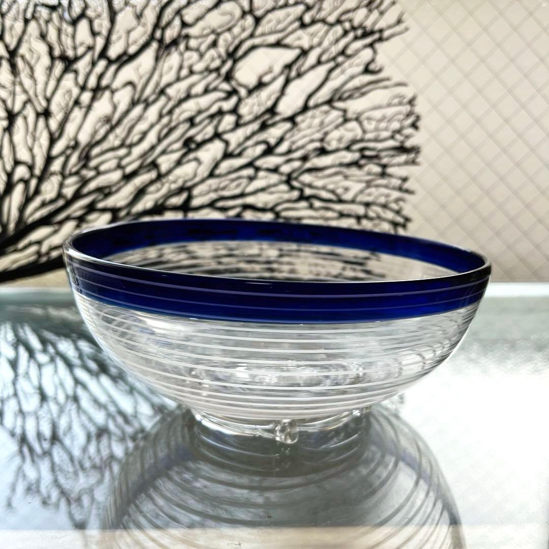 骨董　時代ガラス　瑠璃色フチ　希少　千段　糸巻き輪鉢　菓子器　氷コップ　ウラン②