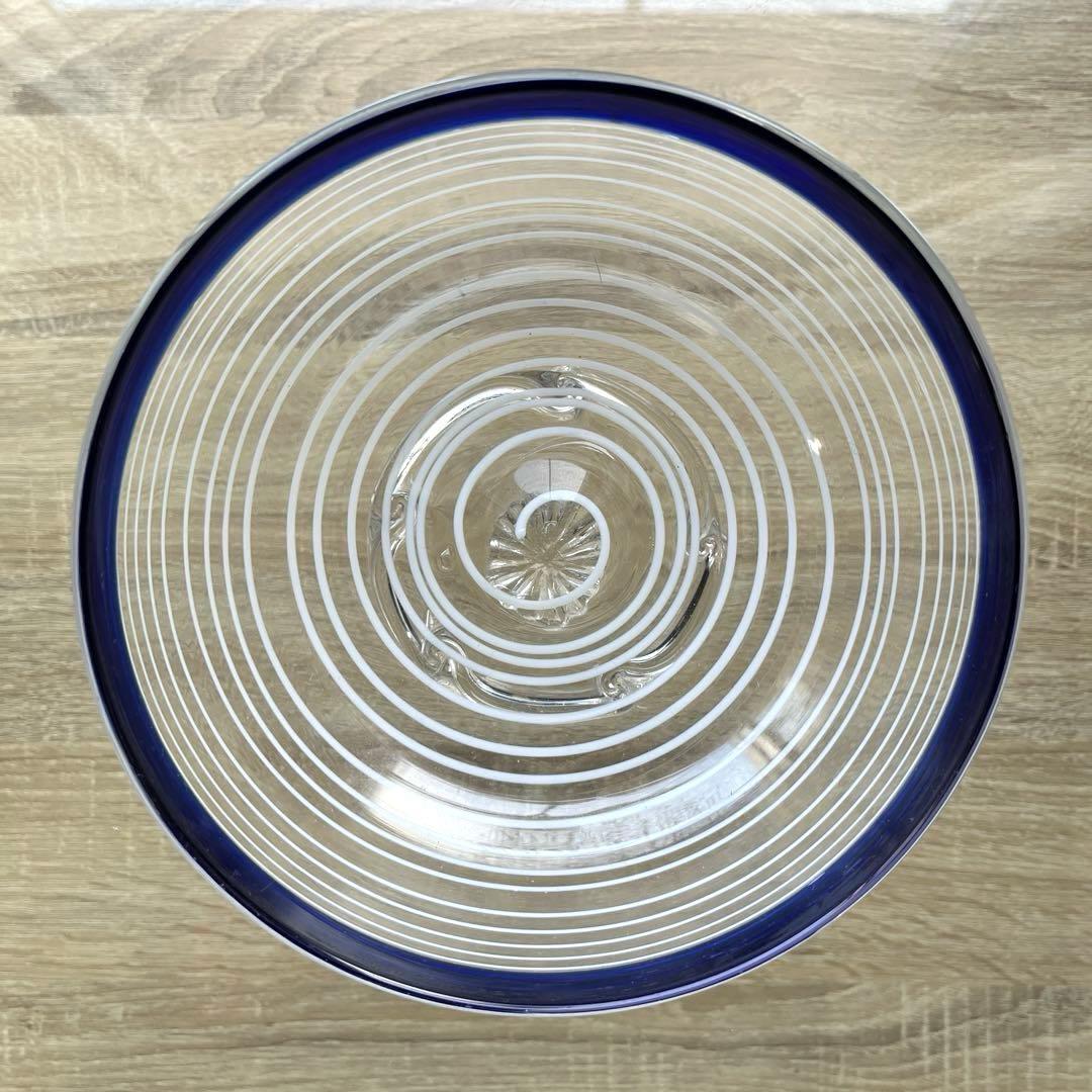 骨董　時代ガラス　瑠璃色フチ　希少　千段　糸巻き輪鉢　菓子器　氷コップ　ウラン②