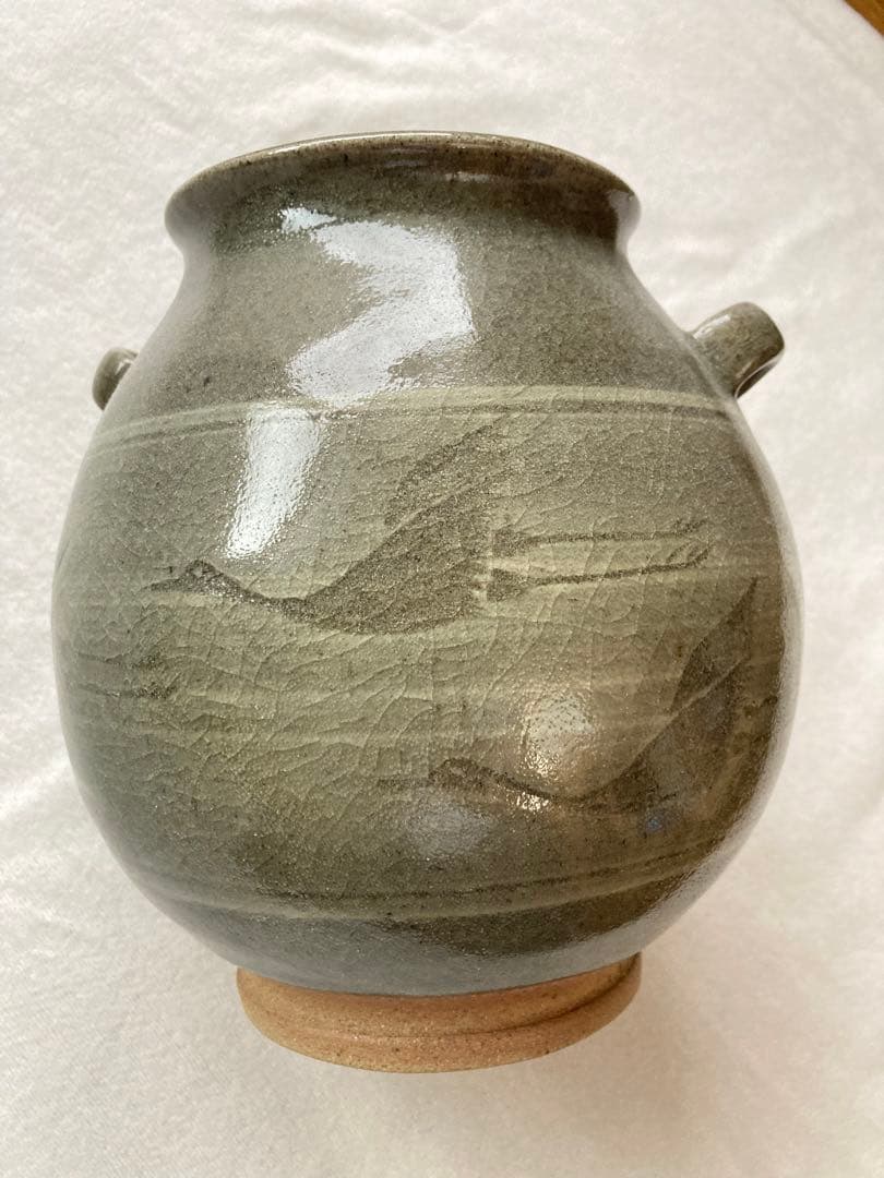 美品　唐津焼 宸山窯 鶴 壺 花器 木箱　共箱 久峰陶苑　送料無料　骨董　和風