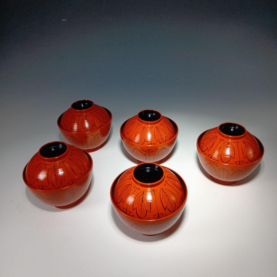 最終値下げ輪島塗　剣牡丹模様付　吸物碗5客　　 共箱　美品