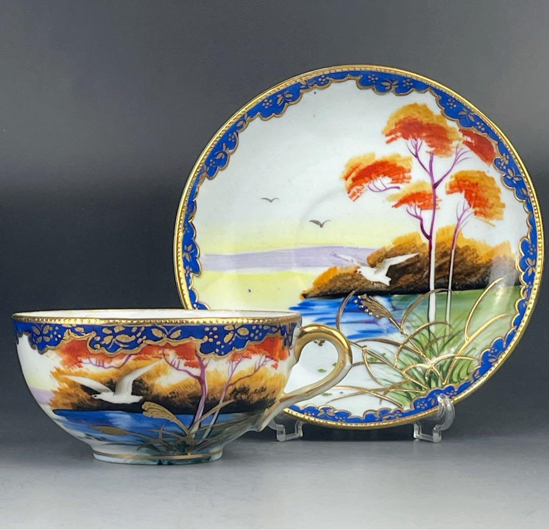 オールドニッポン カモメ 風景図 ティーカップ＆ソーサー アールヌーボー 金盛り