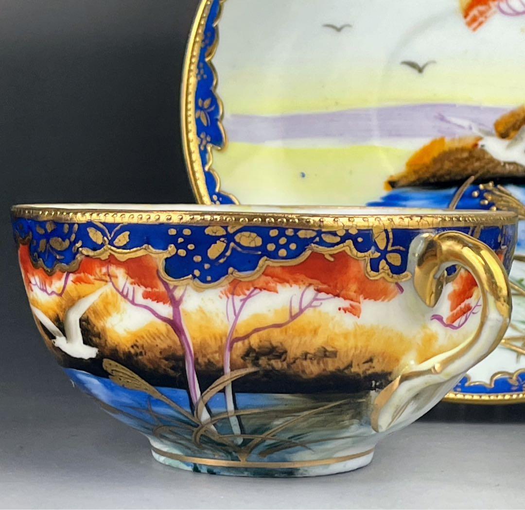 オールドニッポン カモメ 風景図 ティーカップ＆ソーサー アールヌーボー 金盛り