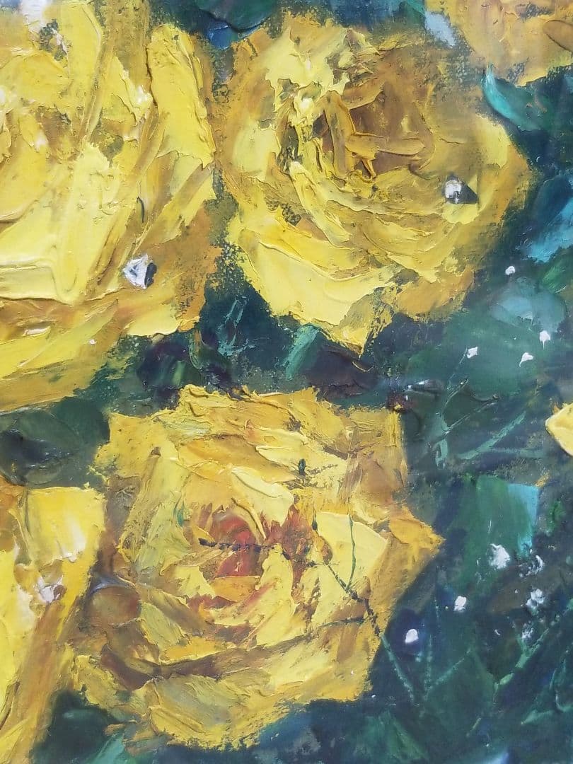 窓辺の薔薇 堀哲夫 黄色のバラの油彩画 大作