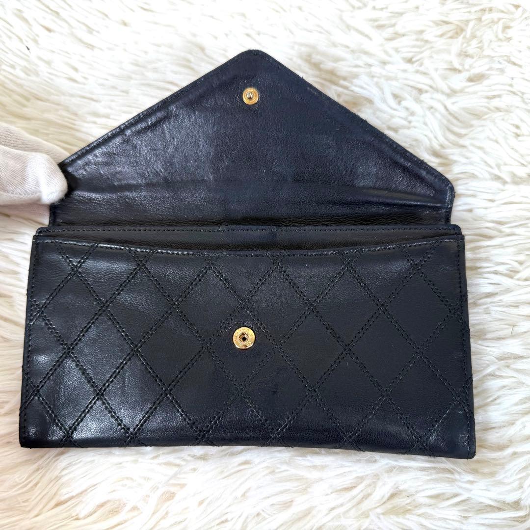シャネル CHANEL ピコローレ 二つ折り長財布 キルティング 黒 レザー