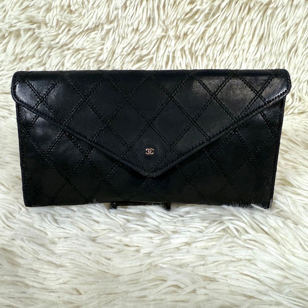シャネル CHANEL ピコローレ 二つ折り長財布 キルティング 黒 レザー