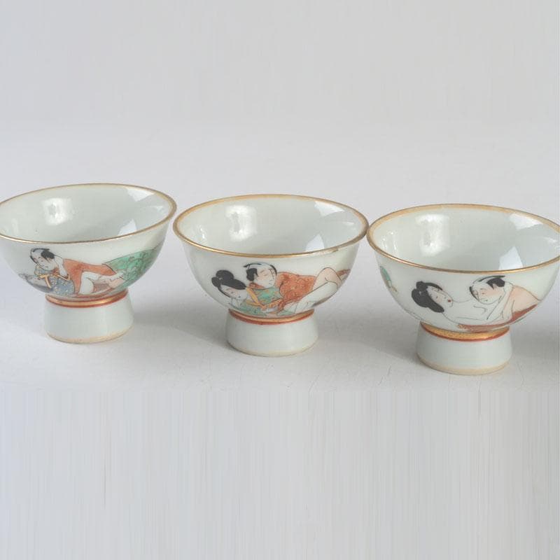 九谷焼　浮世絵　艶絵　春画　盃　五客　時代箱付　C　9238