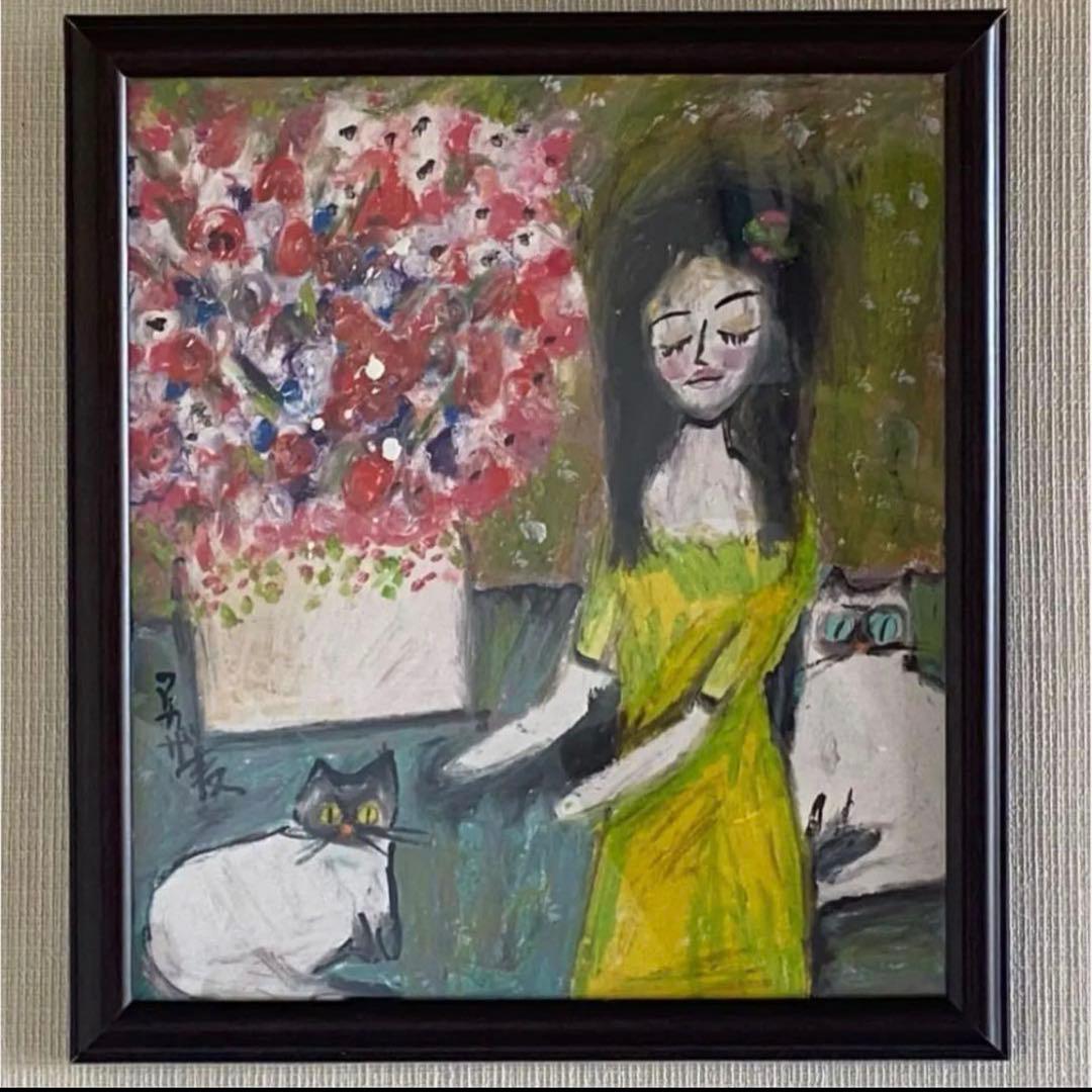 絵画 。壁掛け絵原画【女性の主人が花瓶を片付ける時に遊んでいた2匹のシャム猫】