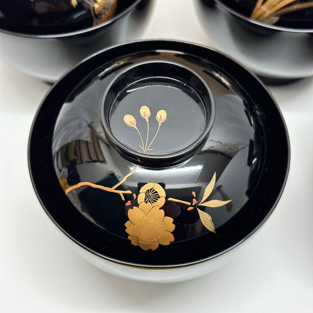 未使用 輪島塗 最高峰 慶塚作 吸物椀 5客セット 草花絵替蒔絵 共箱付