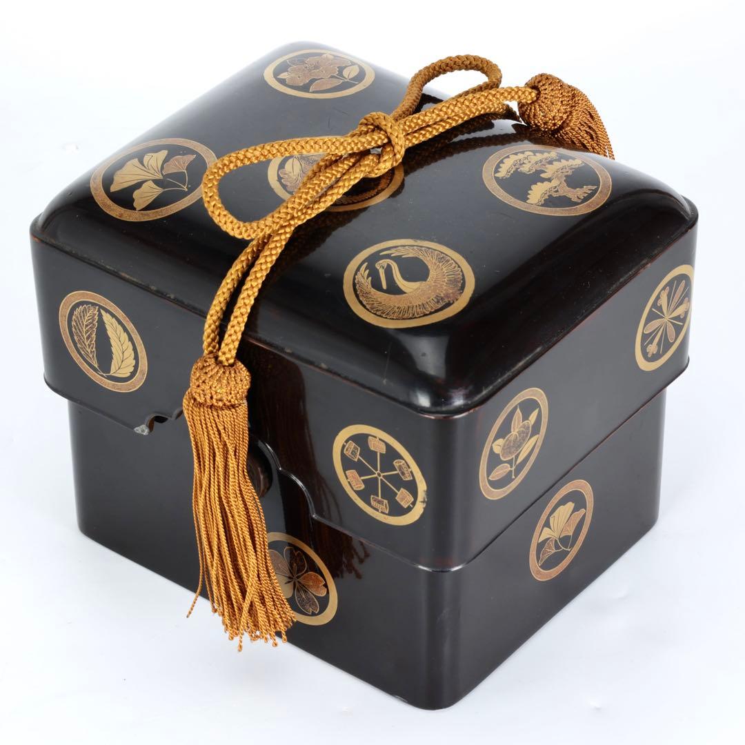 時代物 漆塗 黒漆 家紋尽 蒔絵 手箱 玉手箱 硯箱 共箱付 古美術品 骨董品