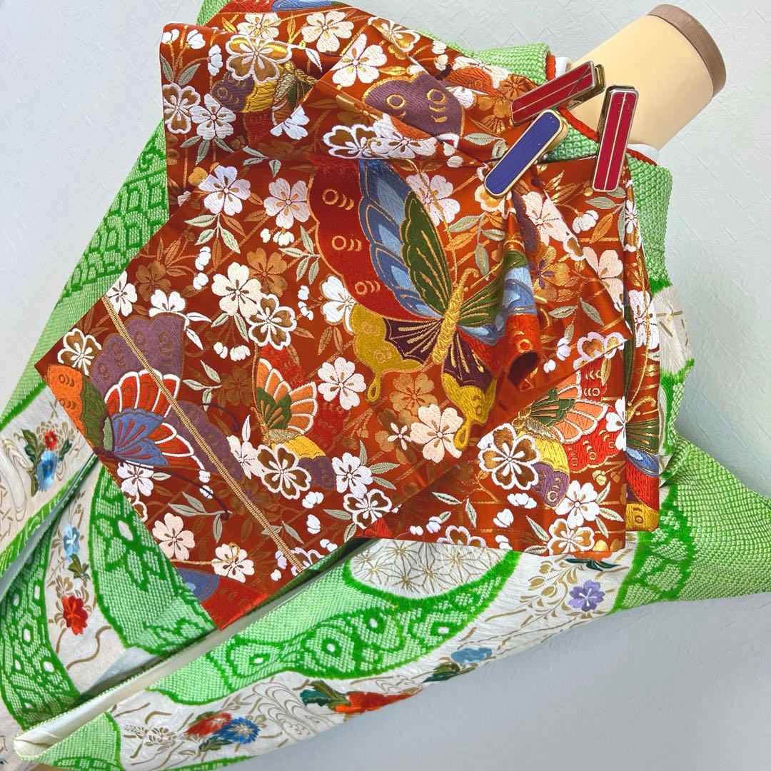 448 振袖フルセット 正絹 グリーン 黄緑 総刺繍 金彩 絞り レトロ 古風