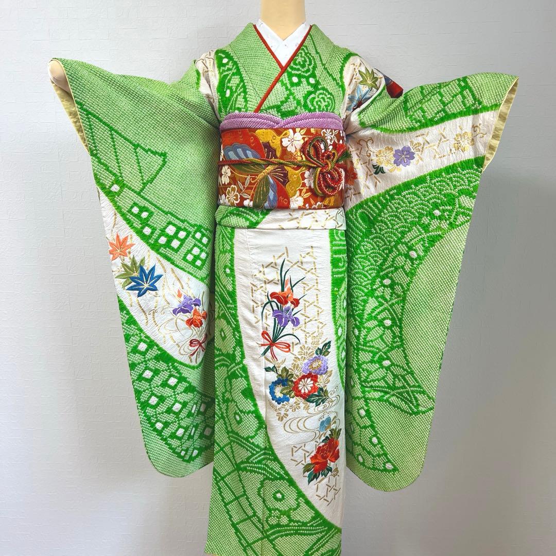 448 振袖フルセット 正絹 グリーン 黄緑 総刺繍 金彩 絞り レトロ 古風