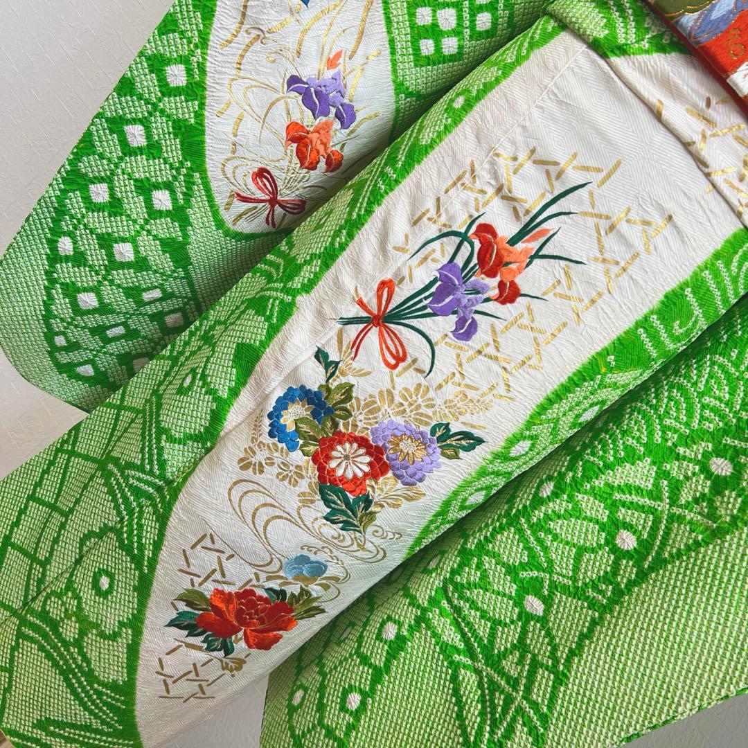 448 振袖フルセット 正絹 グリーン 黄緑 総刺繍 金彩 絞り レトロ 古風