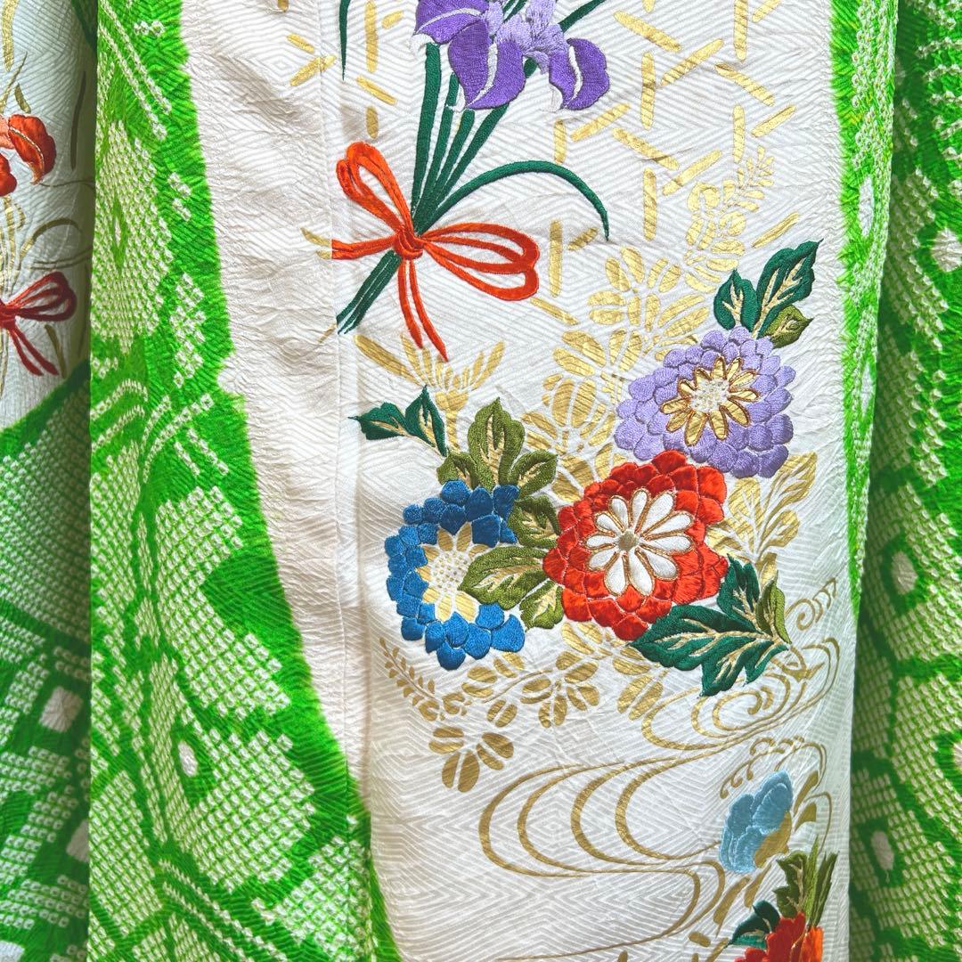 448 振袖フルセット 正絹 グリーン 黄緑 総刺繍 金彩 絞り レトロ 古風