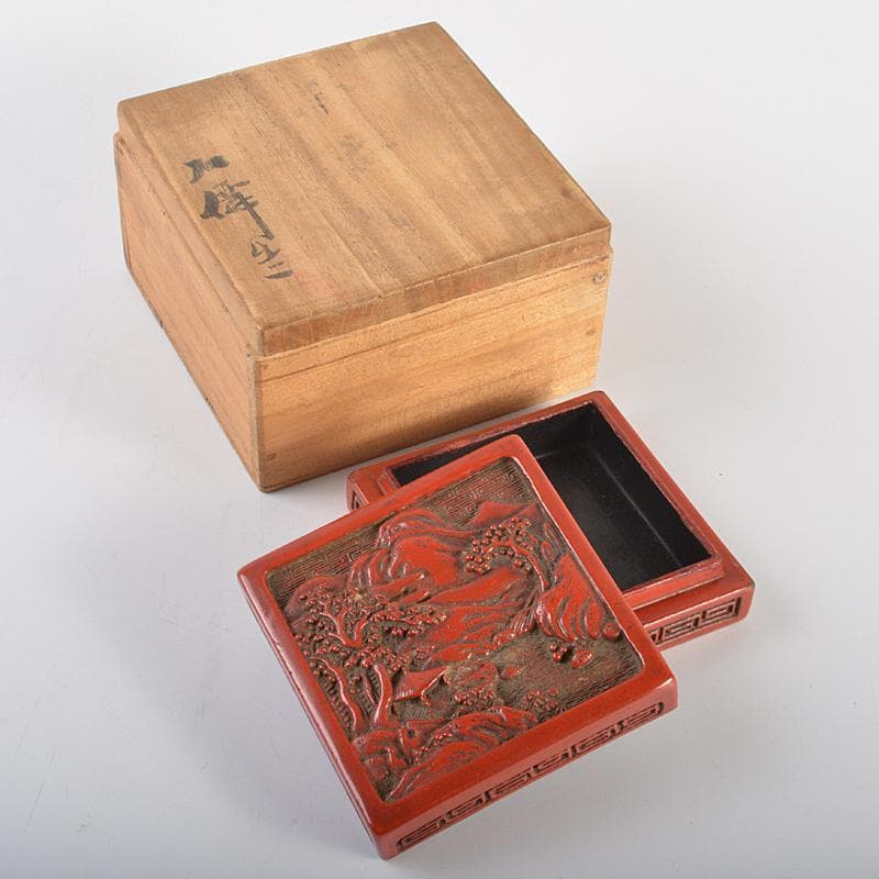 中国　剔紅　堆朱　山水文　四方香合　合わせ箱　M　R7056