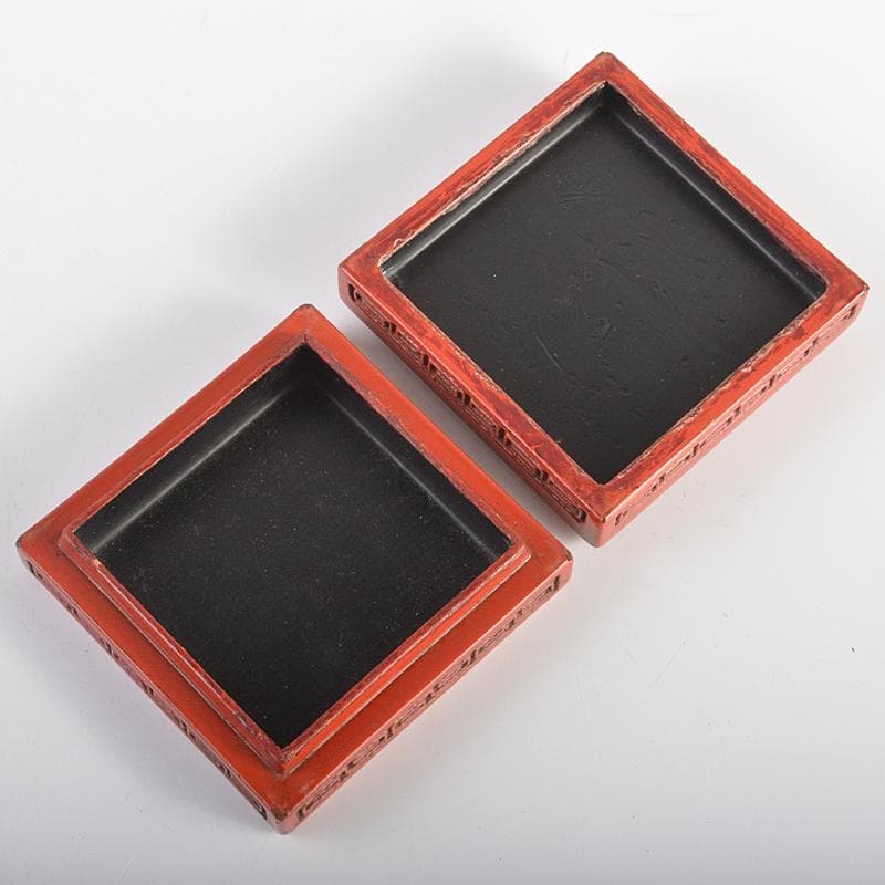 中国　剔紅　堆朱　山水文　四方香合　合わせ箱　M　R7056