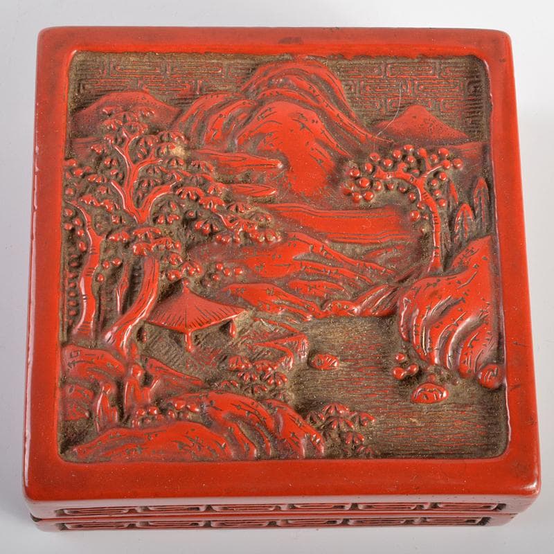 中国　剔紅　堆朱　山水文　四方香合　合わせ箱　M　R7056