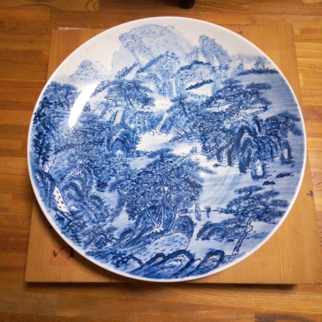 陶器大皿 直径約４５cm　青.山水画