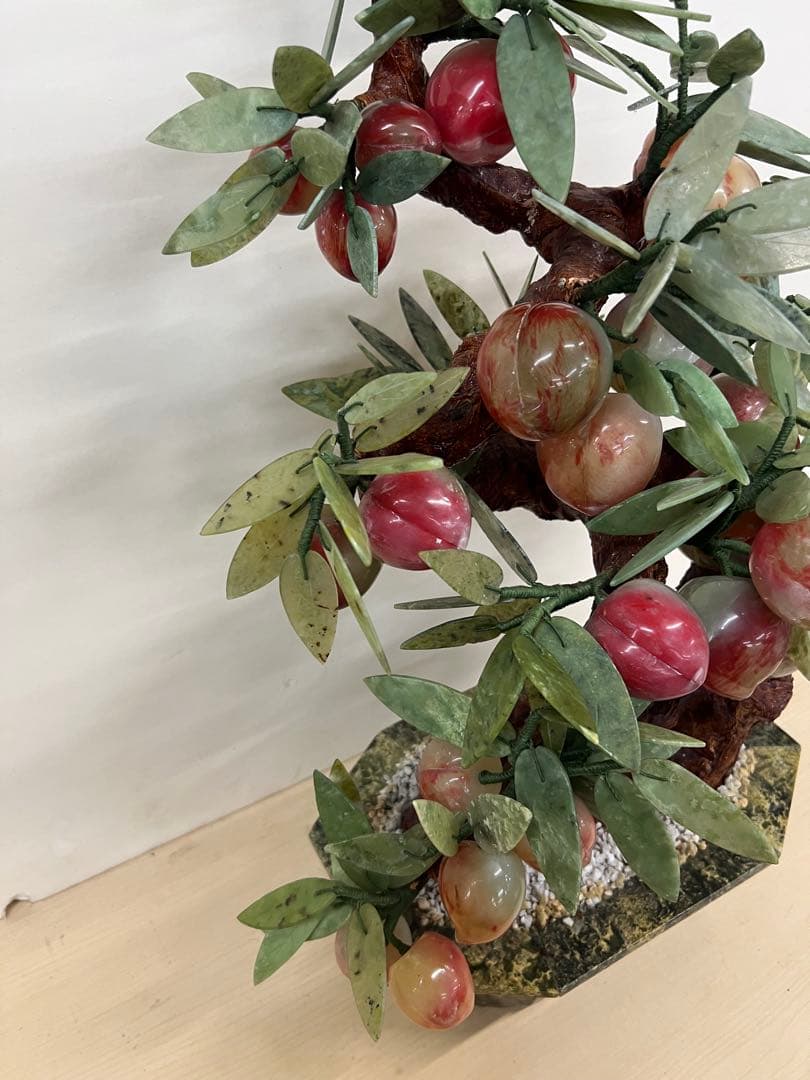 中国美術　桃樹玉石　桃木玉石盆栽　景泰藍　石細工彫刻　置物　縁起物