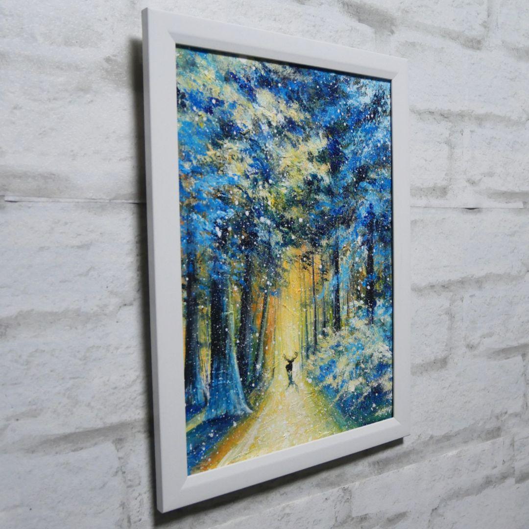 油絵 油彩 油彩画 絵 絵画　【雪景色の中で雪に立つ雄鹿】