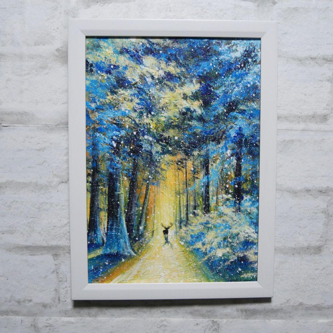 油絵 油彩 油彩画 絵 絵画　【雪景色の中で雪に立つ雄鹿】