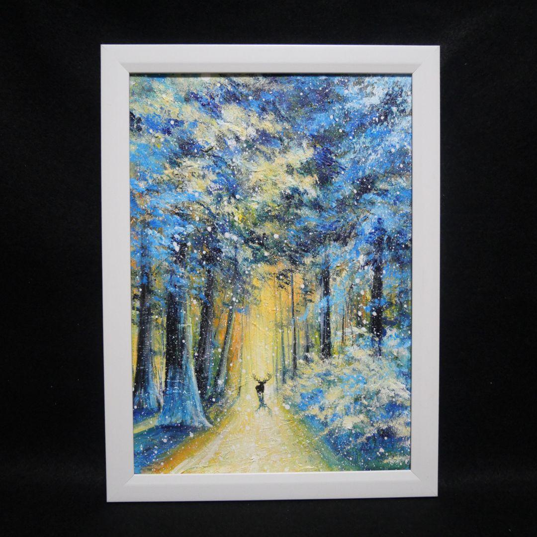 油絵 油彩 油彩画 絵 絵画　【雪景色の中で雪に立つ雄鹿】