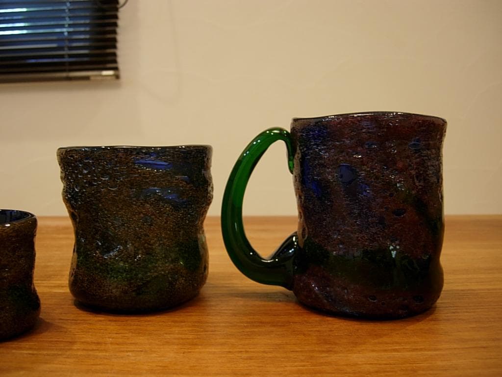 現代の名工 稲嶺 盛吉 紅珊瑚 酒器 4点 琉球 泡 ガラス 宙吹ガラス工房 虹