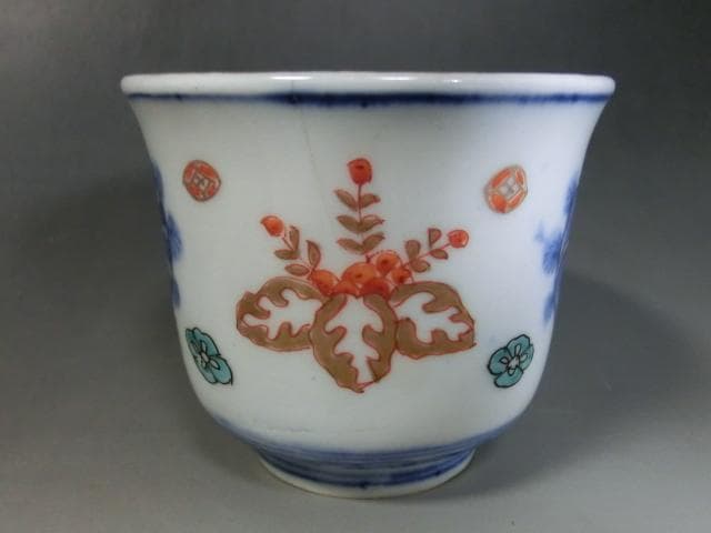 蕎麦猪口■伊万里 色絵 桐 鶴 菊 牡丹 5客セット 湯飲 骨董■