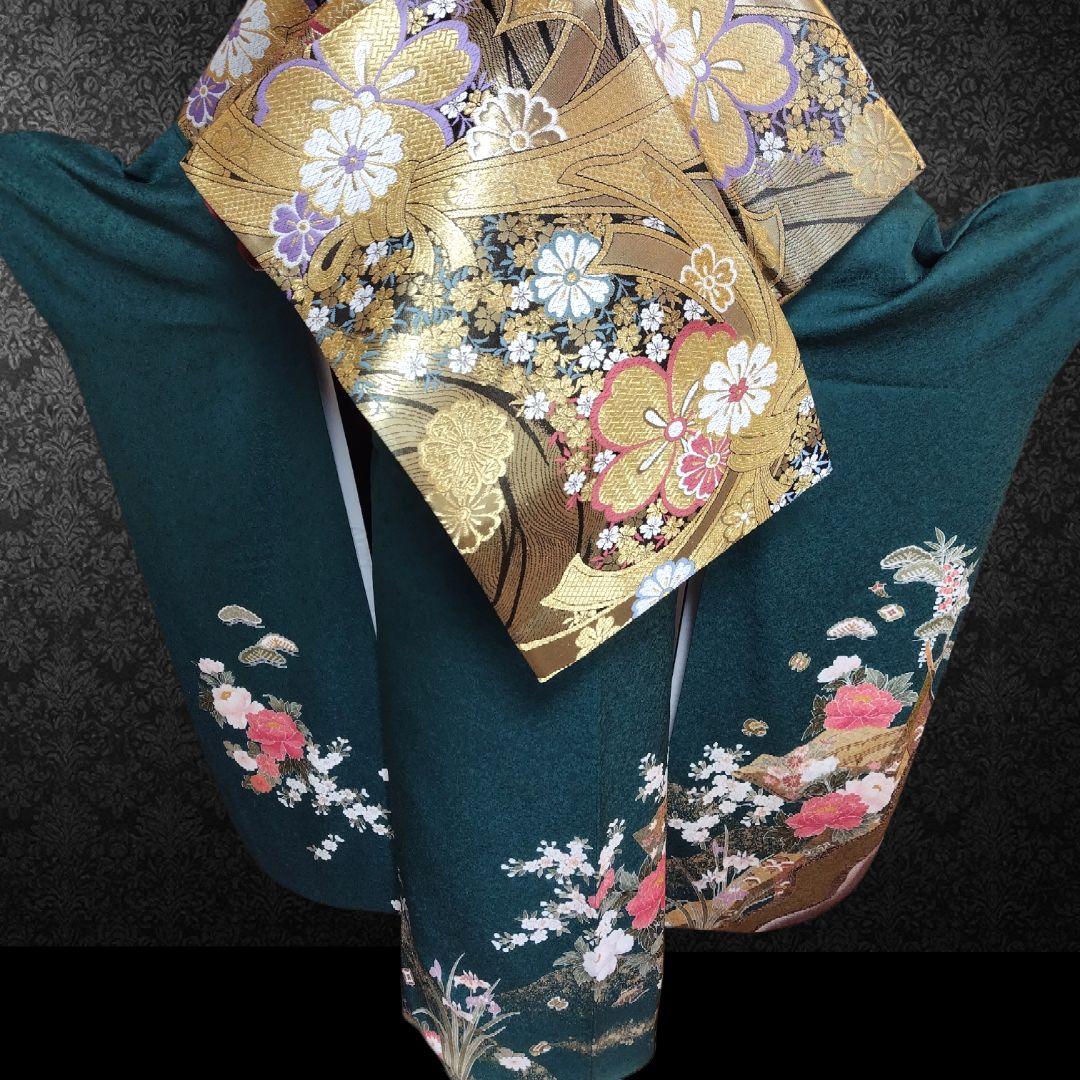 振袖フルセット(7点)・古典柄・金駒刺繍・金彩加工・宝尽くし・正絹