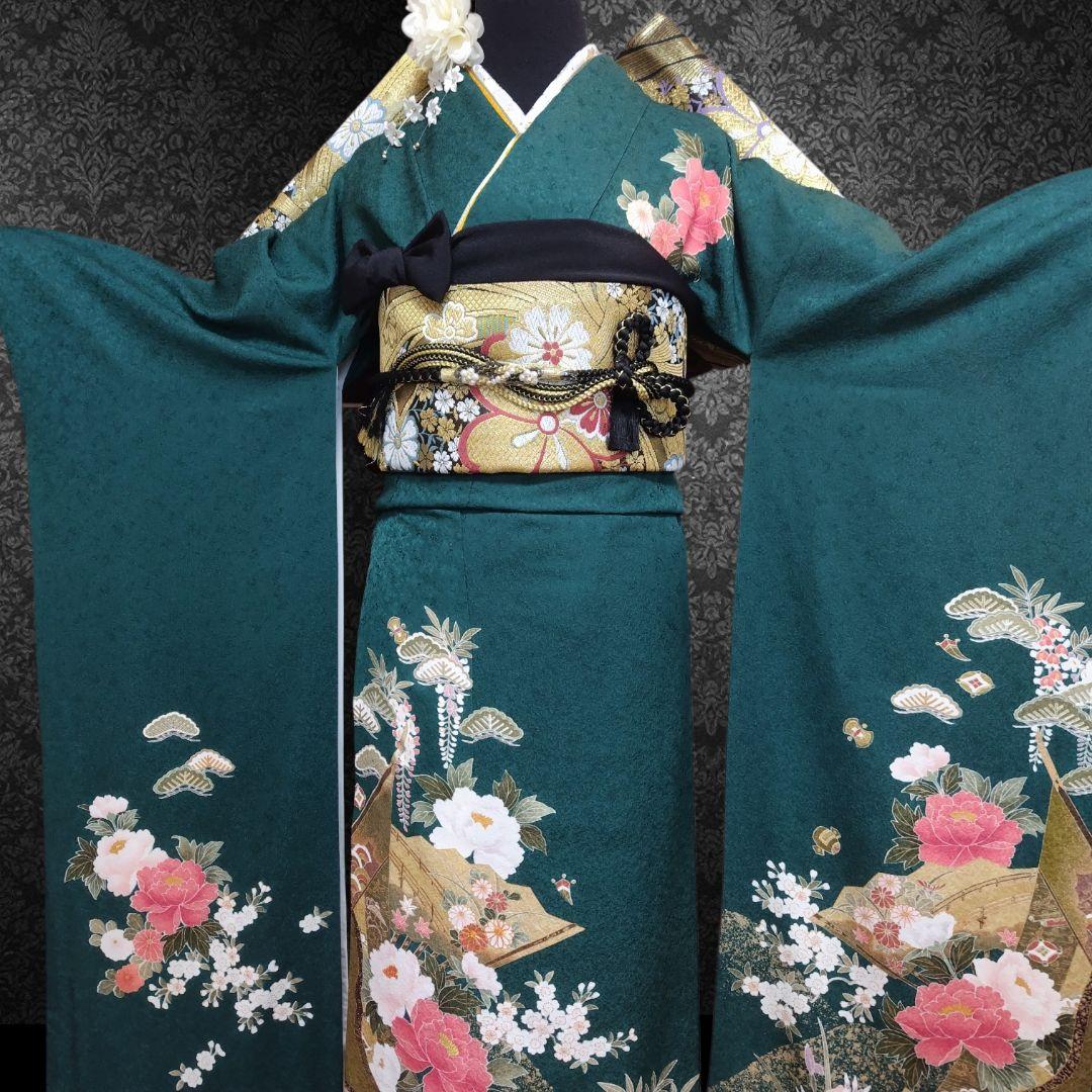 振袖フルセット(7点)・古典柄・金駒刺繍・金彩加工・宝尽くし・正絹