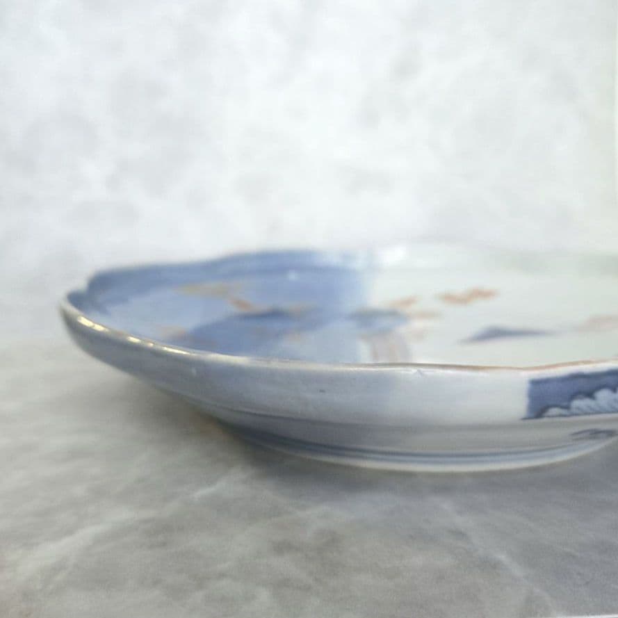 古伊万里　染め分け　変形皿　滝　薄瑠璃　江戸時代　骨董　金継ぎ　アンティーク
