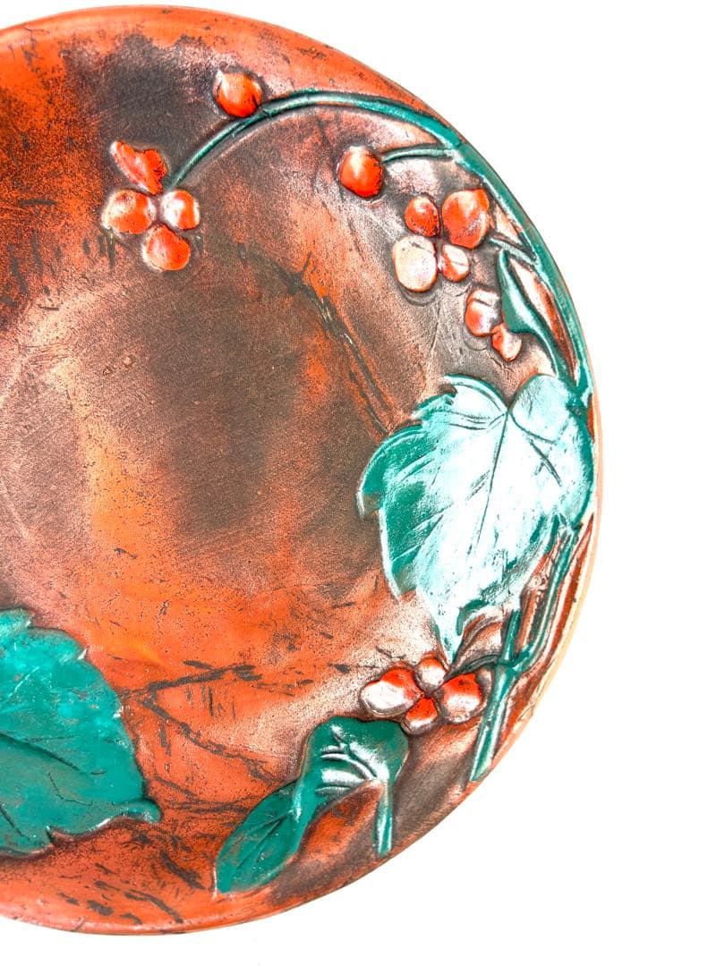 色備前草花画皿　極楽園御庭焼　H4×W18.8cm 合箱