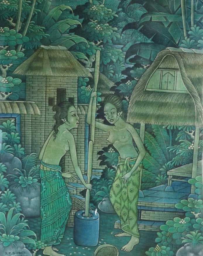 バリ クラシック 絵画 農村 米を作る2人の女性 ヴィンテージ70年代 希少品