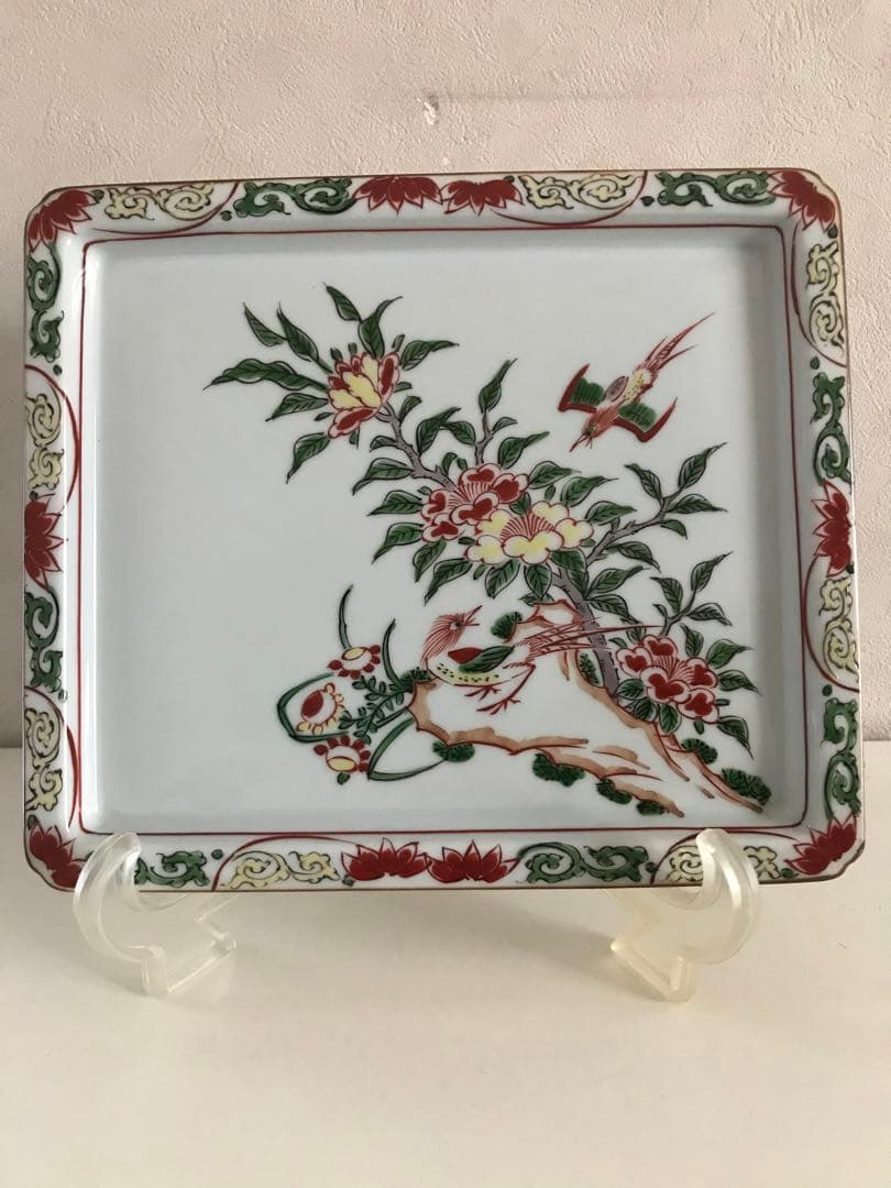 希少品【源右衛門窯・古伊万里】赤絵花鳥文角皿　（1枚）