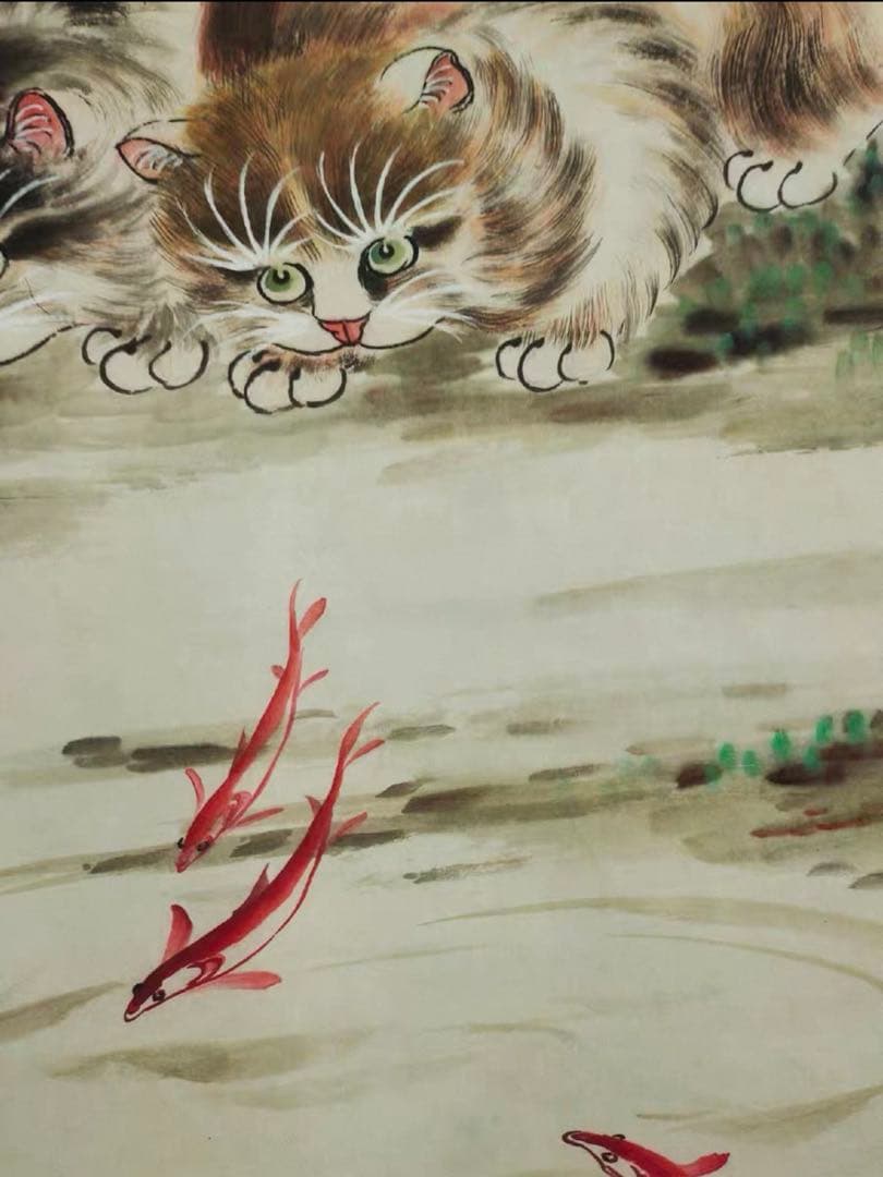郎世寧 双猫図 中堂掛軸 宣紙 手工表装 可愛い猫と錦鯉 鑑賞用 170×70