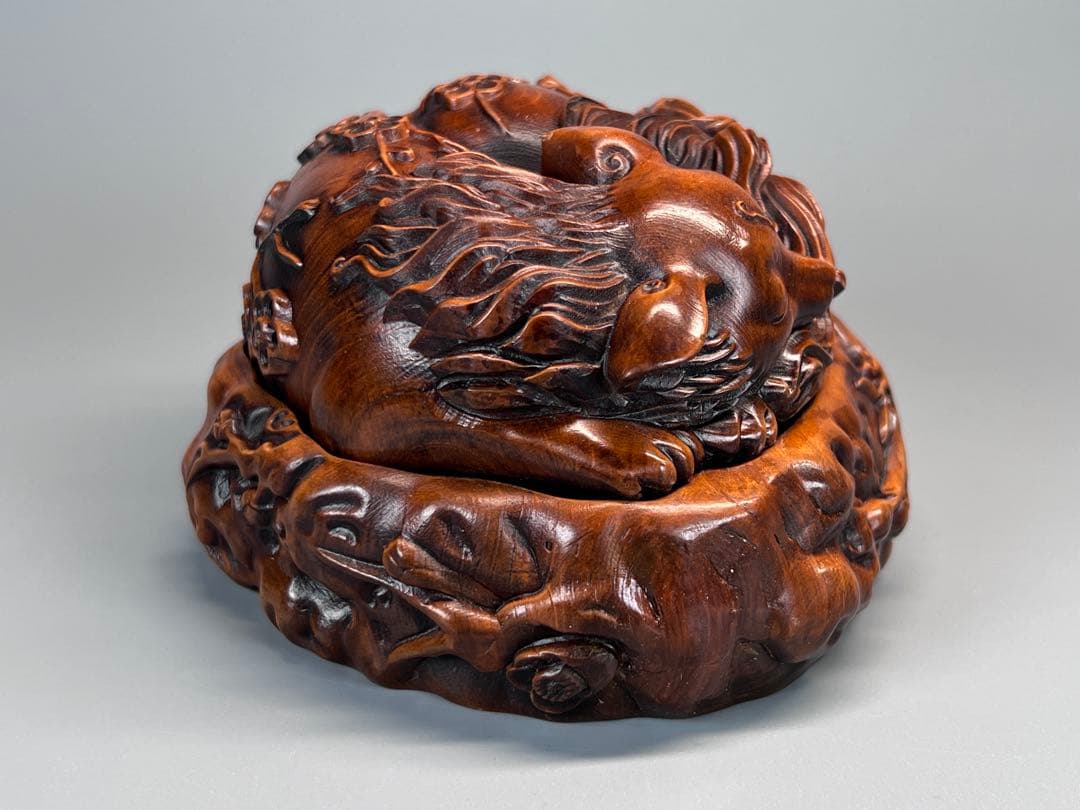 古美術　黄楊木　本物拓植　香炉　香道具　置物　九尾の狐　手作り　極細密彫　極美品