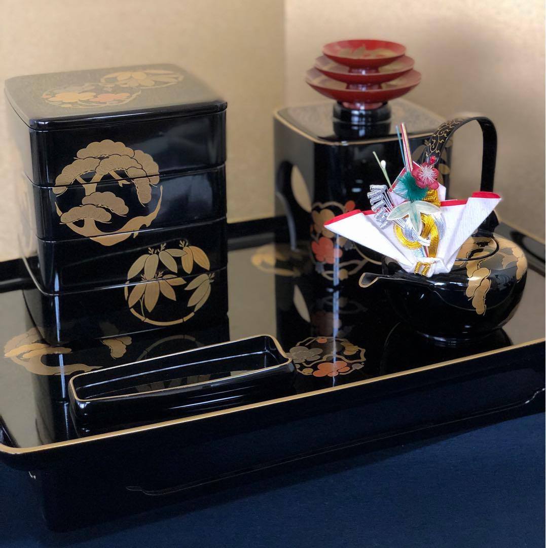 《R》輪島塗 松竹梅蒔絵 屠蘇器 五ツ揃 わじま慶塚 木箱　1f