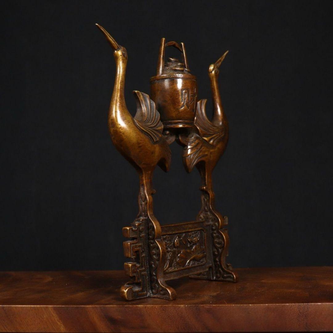 銅製 双鶴送財 茶室 執務室 書斎 応接間 玄関 招財 置物 装飾品 工芸品