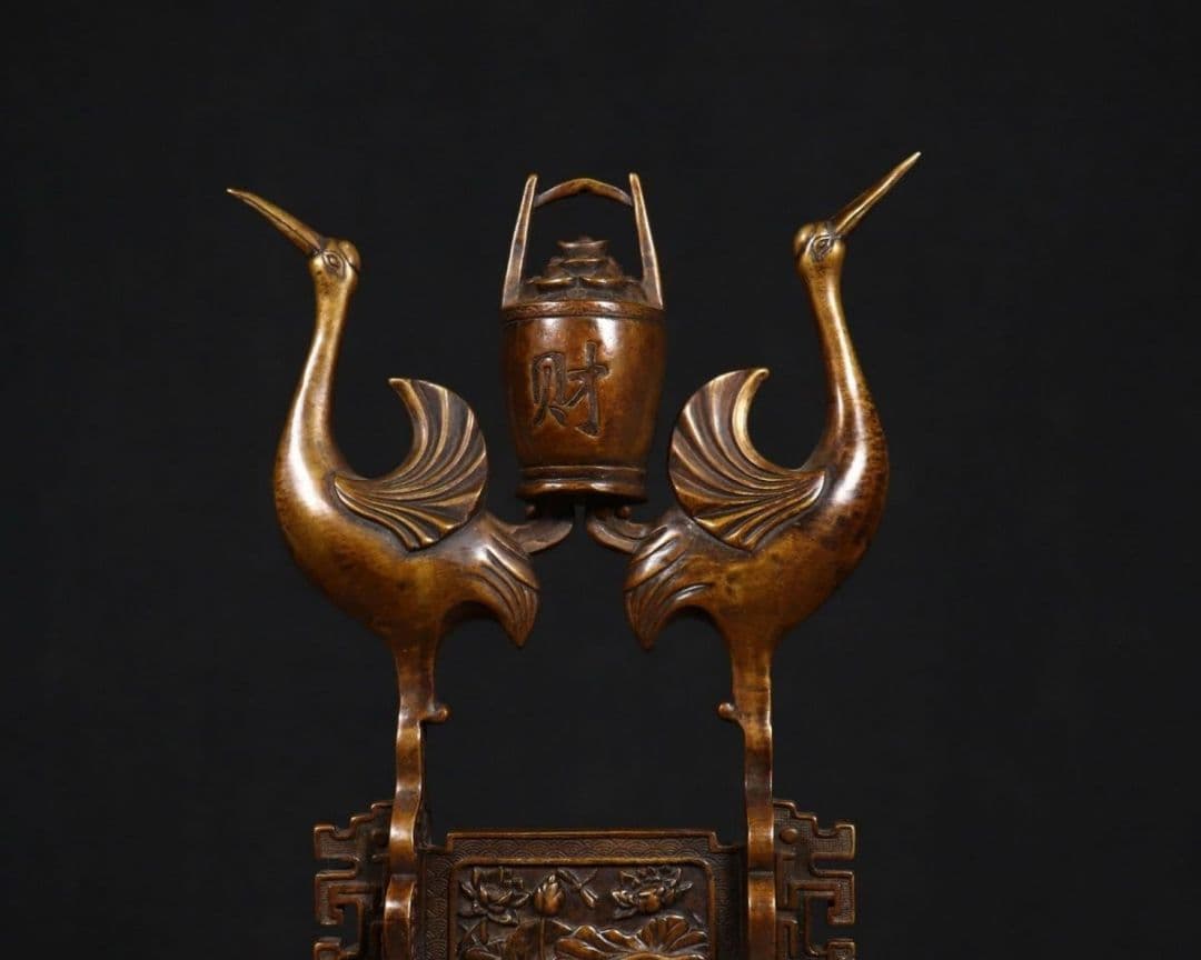 銅製 双鶴送財 茶室 執務室 書斎 応接間 玄関 招財 置物 装飾品 工芸品