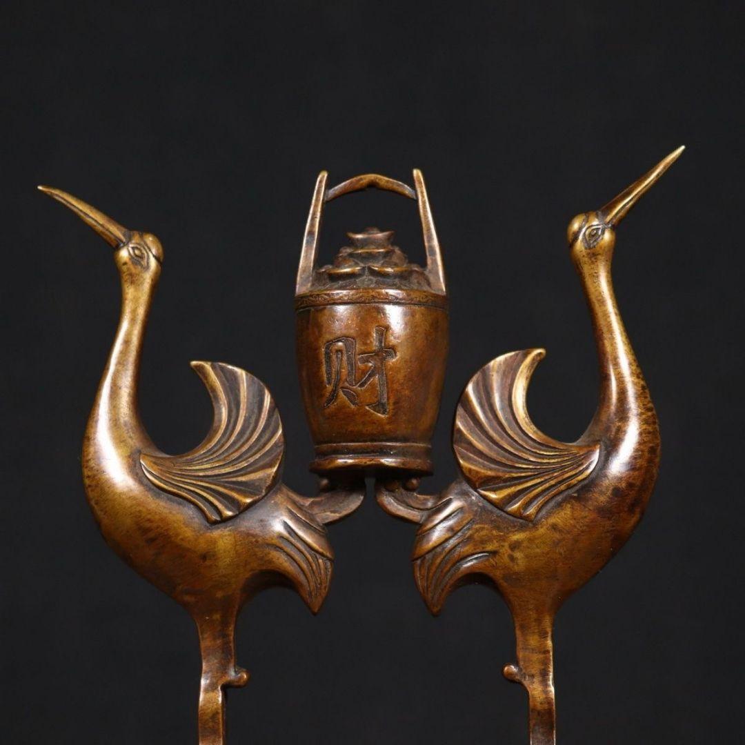 銅製 双鶴送財 茶室 執務室 書斎 応接間 玄関 招財 置物 装飾品 工芸品