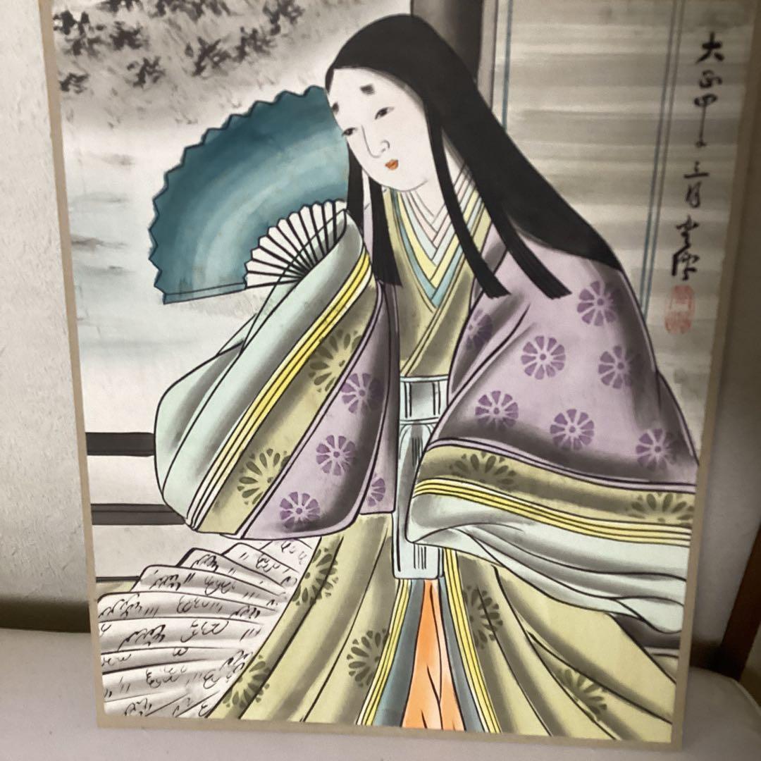 青柳琴僊　日本画【美人図】大正13年3月作品　木枠額装　落款印譜　模写　レア品